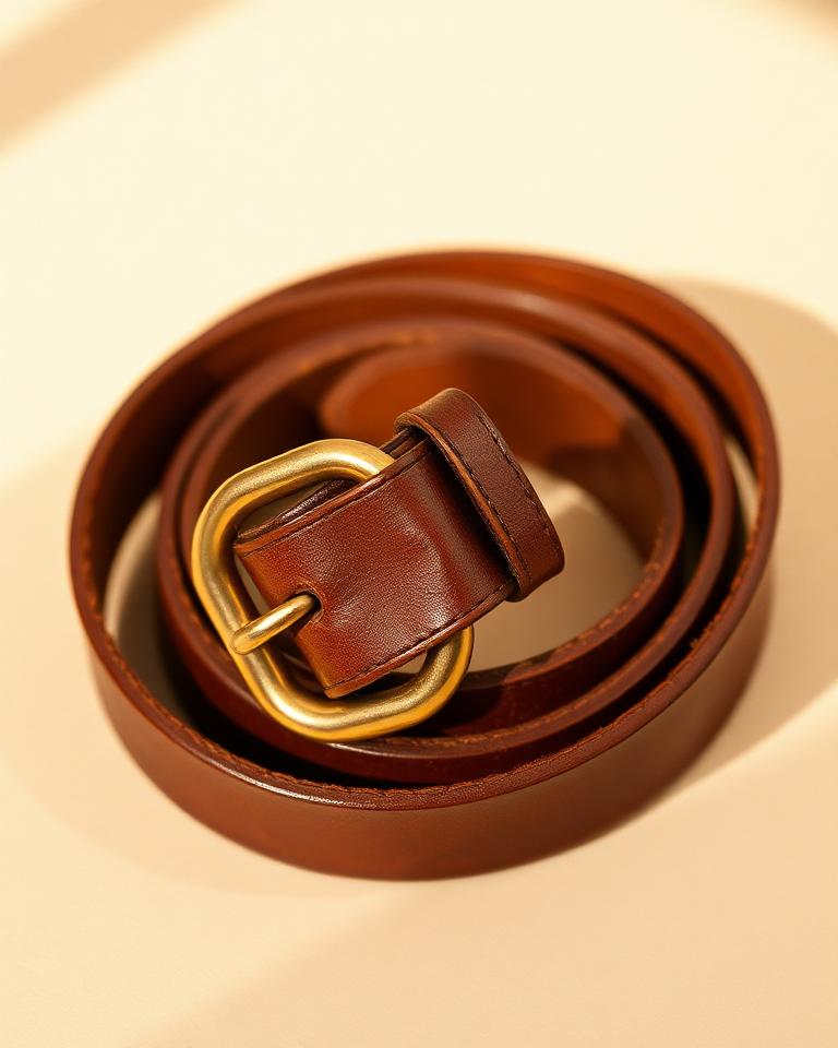 Coiled vintage brown leather belt with brass buckle