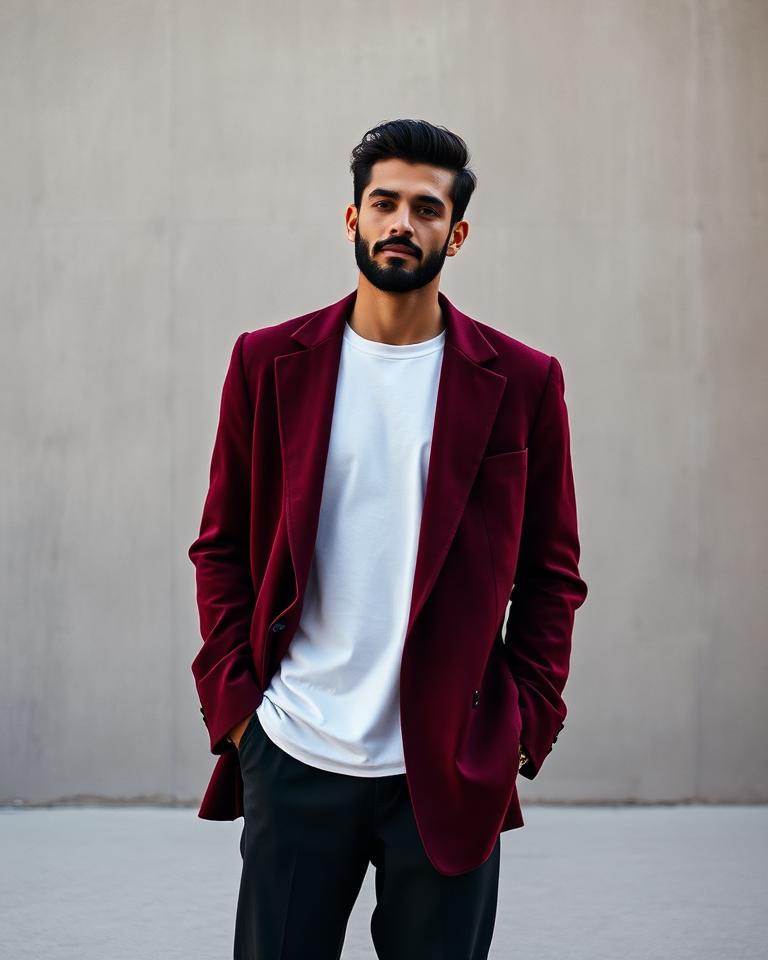Model in an oxblood statement blazer