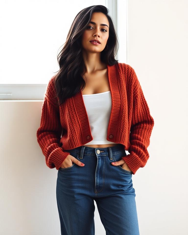 Model in a cropped terracotta knit cardigan