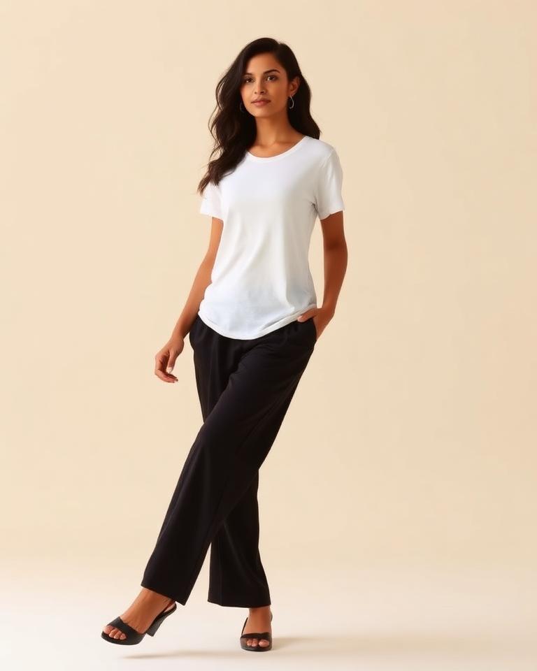 Model in wide-leg black trousers and white tee